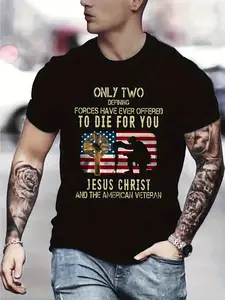 Men's Women's American Veteran Patriotic T-Shirt - 100% Cotton Military Service Tee with Jesus Christ Design, Church Events & Daily Wear - Father's Day Gift