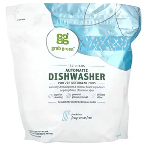 Grab Green Automatic Dishwasher Powder Detergent Pods, Fragrance Free, 132 Loads, 5 lbs 4 oz (2,376 g)