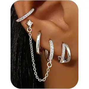 4 Pairs Small Hoop Earrings for Women Trendy 14K Gold Plated Chain Drop Earrings Set Hypoallergenic CZ Huggie Hoops Lightweight Cartilage Earring Stacks Women's Jewelry Gifts