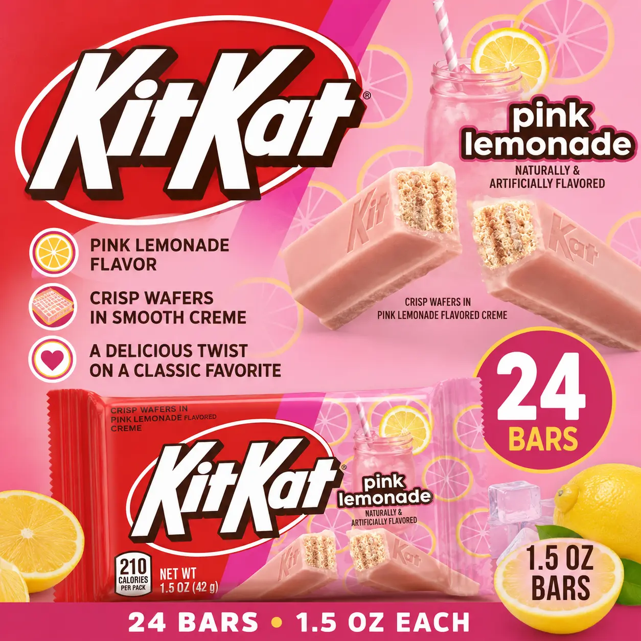 KIT KAT Pink Lemonade Wafer Candy Bar 1.5 oz 24 Count Fruity Wafer Candy Bars