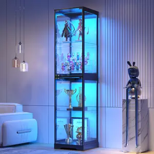 Dystler Glass Display Cabinet with Doors, 65" Tall 4-Tier Curio Display Case with 3 Color Lights and Human Body Sensor, Bookcase for Collectibles