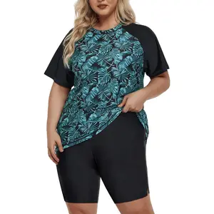 Women's Plus Size 2 Piece Rash Guard Swimsuits Short Sleeve with Boyshorts UPF 50+ Surfing Swimwear 1X 2X 3X 4X 5X 6X trendy bikini floral suit brazilian new set halter triangle wrap swim bottom leopard print Comfortable tummy control high waist school