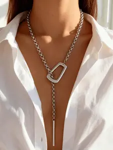 Long Silver Pendant Necklace for Women, Bold Silver Color Y-Shaped Chain, Adjustable Copper Scarf-Style Statement Necklace, Elegant Retro Collar Necklace, Women's Party Jewelry Gift, Chunky Necklace