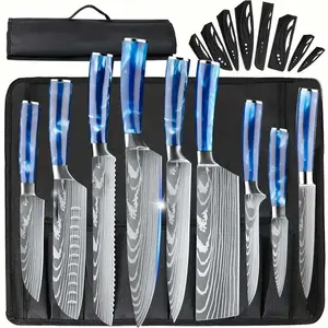 9pcs Kitchen Knife Set with Rolling Bag Kitchen Knives with Resin Handles Home Cooking Outdoor Camping with Sharpening Rod  Blue Resin Handle Professional Chef Santoku Cleaver Paring Knife