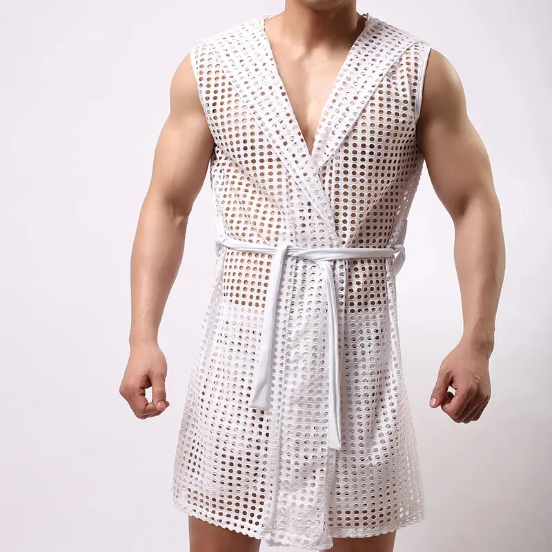 2025 Fashion HOT Men Robes Bathrobe Brand Sexy Fishnet See Inner Men Long Robe Sleepwear Mesh Hoodie Sleep Lounge Size S M L