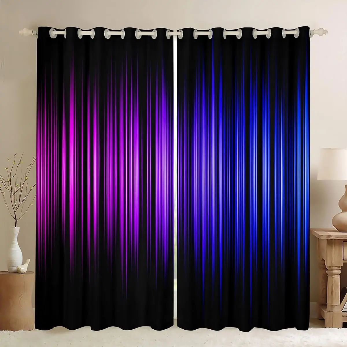Feelyou Velvet Blackout Curtains - 2-Panel 38x54 in Grommet Drapes, Abstract Art Geometric Ombre Print, 30%-50% Blackout Room Decor Curtain, Purple-Biochromatic Blue-Black Gradient, Fade-Resistant, Art Deco, Grommet Slide Ease, Multi-Size Soft Furnishings