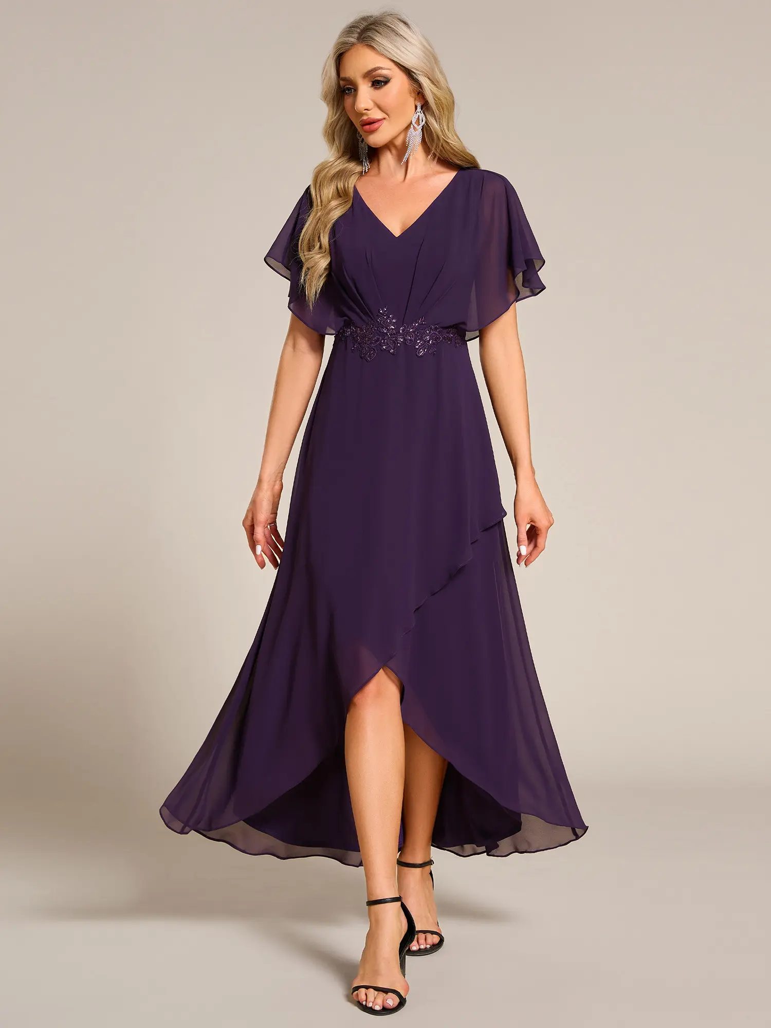 Ever-Pretty  Elegant Short Sleeves A-Line Waist Applique Formal Dress with Lotus Leaf Hem 02027
