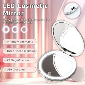 Portable LED Makeup Mirror with 2x Magnification, Rechargeable Via USB, Brightness Levels, Flip Cover Design, Ideal for Beauty Applications, Travel Makeup Mirror, Lighted Makeup Mirror