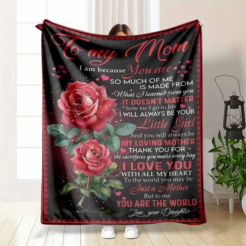To My Mom Red Rose and Heart Print Flannel Fabric Blanket - Soft, Cozy, Warm, Durable, Lightweight, Breathable, Wrinkle Resistant - Mothers Day Gift for Mom, Indoor/Outdoor, Watch Party, Home Sofa Bed Decor, Rose Decorative Blankets