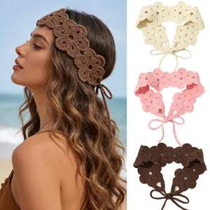 Boho Crochet Flower Headband for Women Soft Solid Color Floral Hairband Stretchy Polyester Hair Accessory Cute Bohemian Style for Daily Wear Festivals Valentine’s Gift
