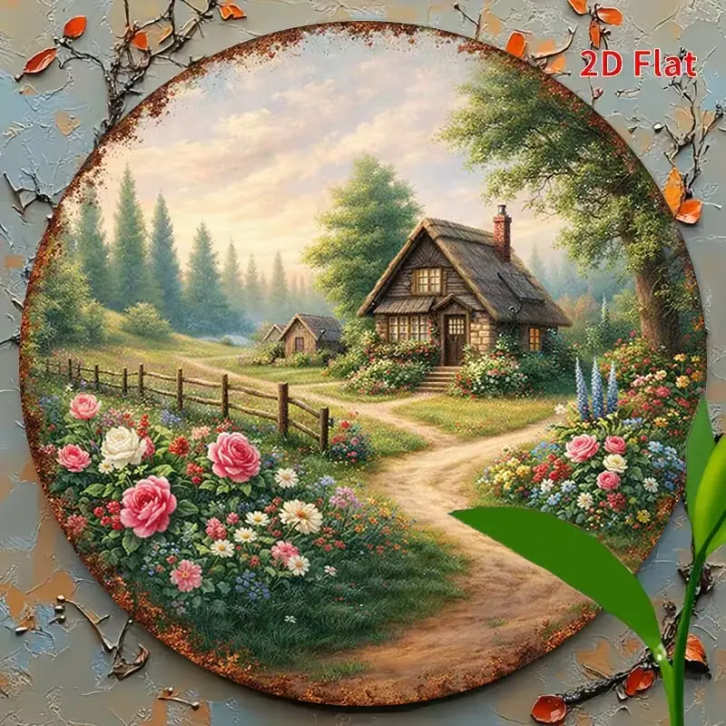 Vintage Round Aluminum Metal Tin Sign - Country Cottage Wildflower Garden Wall Decor, Rural Forest Cabin Farmhouse Rustic Porch Plaque Art Gift, Casual