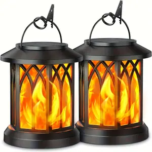 Two Pack Hanging Flashing Flame Solar Lantern Outdoor Light, IPX5 Waterproof Solar Hanging Light Outdoor Light, Auto Switch Solar Lantern for Patio Garden Decoration, Christmas Decoration, Halloween Decoration (Black), Solar Light Outdoor, Solar Outdoor