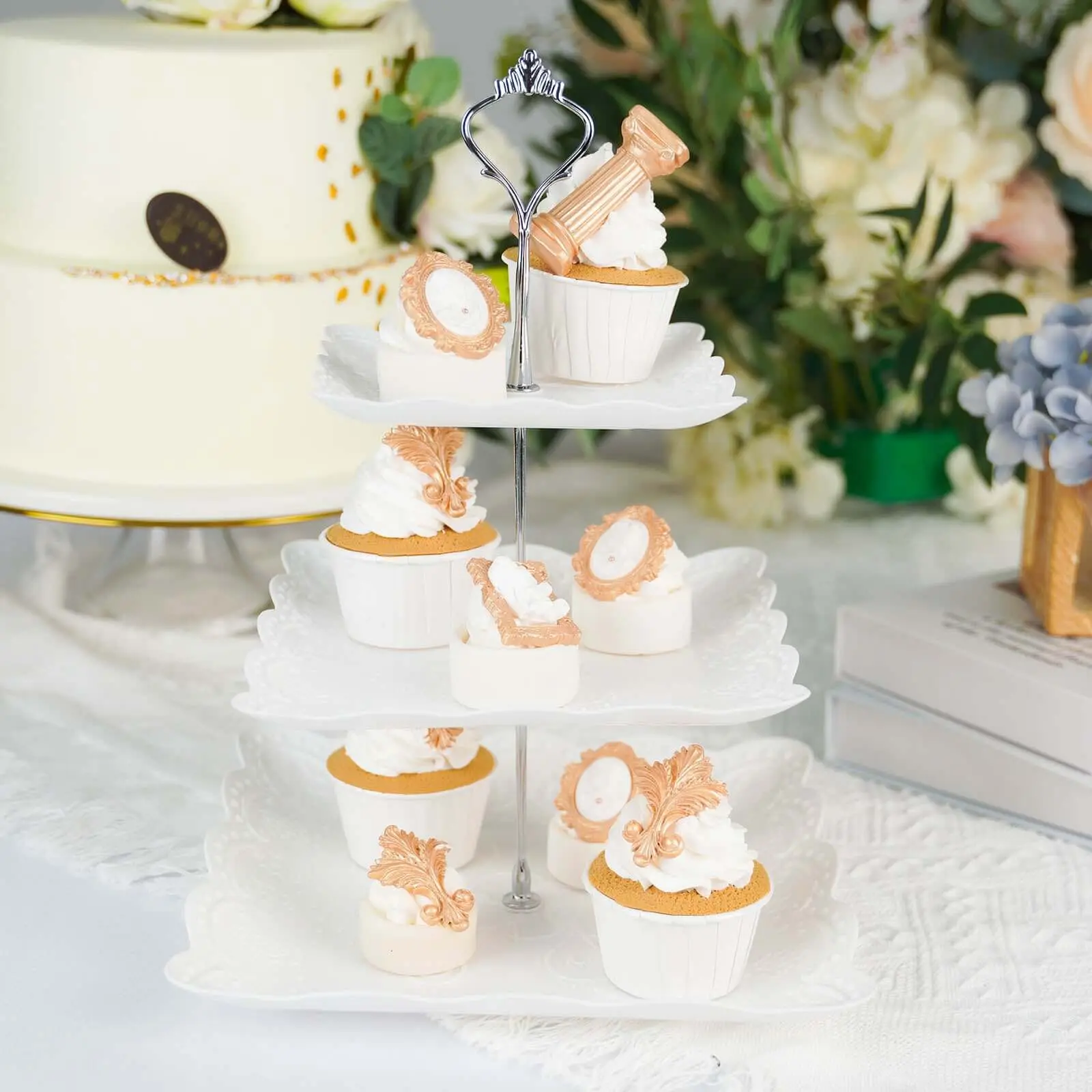 13" White 3-Tier Plastic Square Cupcake Holder - Sturdy Stable Dessert Display Tray with Floral Embossed Scalloped Rim, Silver Handle, Easy Assembly for Tea Parties, Weddings, Flower & Room Decor, Party Cake Stand