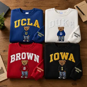 Custom College Bear Embroidered Sweatshirt, Personalized University Mascot Crewneck with Plaid Varsity Letters, Custom Sleeve Text Pullover