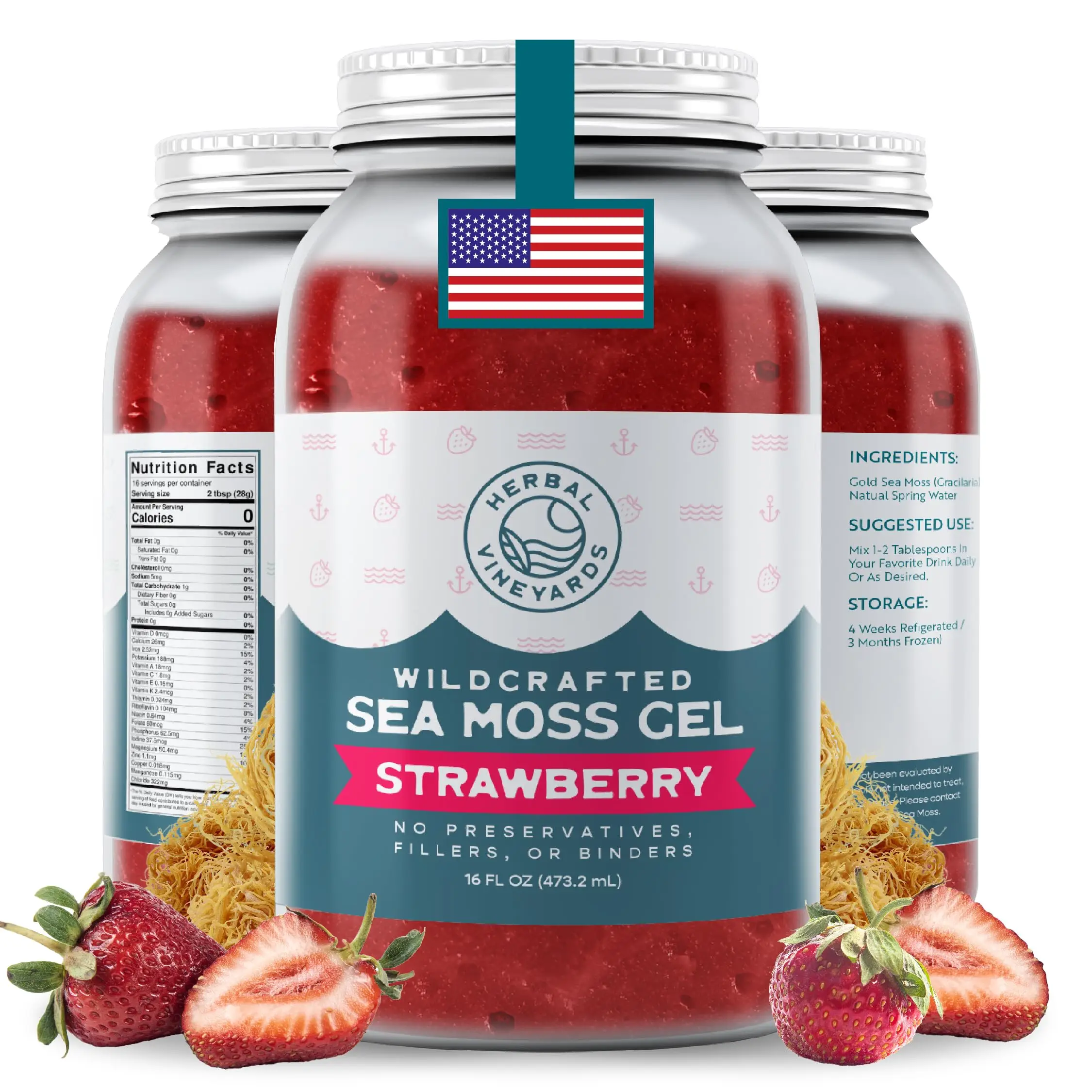 Herbal Vineyards Wildcrafted Strawberry Sea Moss Gel 16 Oz Jar - Made with Dried Seaweed & Fresh Sea Vegetables, Seamoss - Made in USA Healthy Fruit