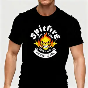 Men'S Casual Crew Neck T-Shirt, 100% COTTON, Knit Fabric, Regular Fit, with Spitfire Live or Die Print, for Summer Tee