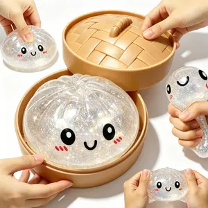 Dumpling Squishies Toy with Steamer, Soft Cute and Relief Stress Fidget Squishy Glitter Party Gift for Adults & Teenagers