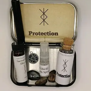 Protection Compact Travel Mini Altar Set for Spiritual Use with Black Candle, Herbal Mix Oil Shield Spray & Tumbled Gemstone Kit