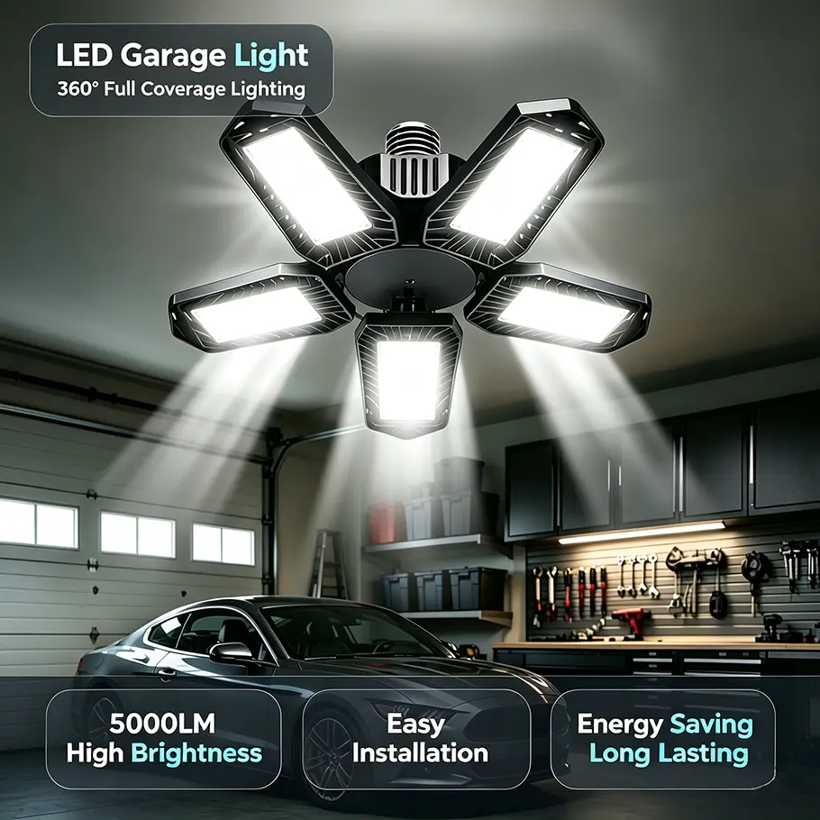 Foldable LED Garage Ceiling Light, 1/2-Pack E26/E27 Screw-in Bulbs, 5 Adjustable Panels, 5000LM Output, 6500K LED Chips, Even Illumination, Indoor Use for Workshop, Storage Room
