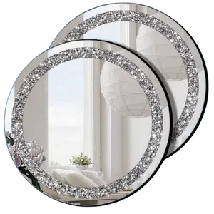 Crystal Crush Diamond Silver Mirror 2 Pack Diameter 12inch Round Shape with Iron Chain Real Glass Mirror for Wall Decor Elegant Hanging Bling Circle