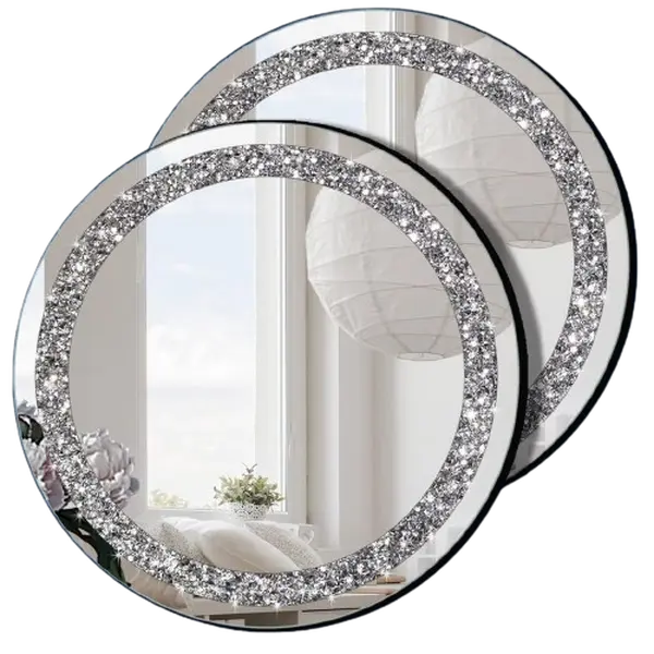 Crystal Crush Diamond Silver Mirror 2 Pack Diameter 12inch Round Shape with Iron Chain Real Glass Mirror for Wall Decor Elegant Hanging Bling Circle