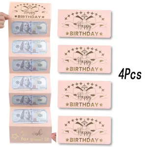 4Pcs Birthday Money Envelope for Cash Gifts, Surprise Cash Envelope for Wife Women Kids, Birthday Gift Card for Women Girls, Pink Rose Gold Money Holder