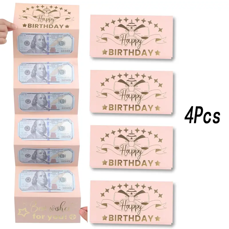 4Pcs Birthday Money Envelope for Cash Gifts, Surprise Cash Envelope for Wife Women Kids, Birthday Gift Card for Women Girls, Pink Rose Gold Money Holder