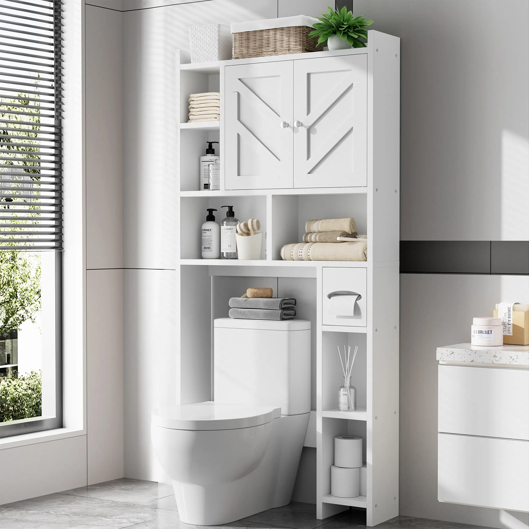 Walsunny Over The Toilet Storage Cabinet, Farmhouse Storage Cabinet with 2 Barn Door & Toilet Paper Holder Stand, Toilet Rack for Bathroom, Laundry Furniture Organizer, White