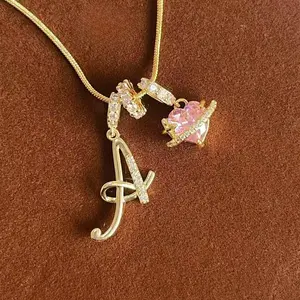 New Style Fashionable Golden Three-Layer A-Z Letter Zircon Pendant Necklace | Personalized Pink Heart Zircon | Party Jewelry | Fashion Accessories | Suitable for Women | Festival Gift | Anniversary Gift |