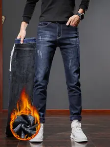 New Fall Winter Fleece Lined Thick Slim Fit Denim Jeans for Men, Casual High-End Elastic Long Pants, Autumn Fashion Menswear, Denim Skinnies