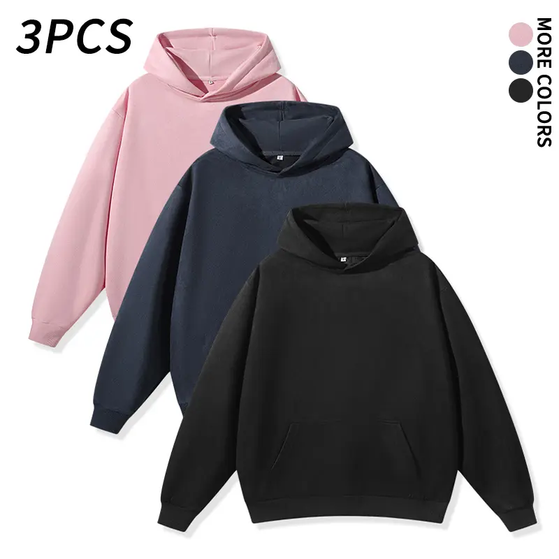 3-pcs solid-color hooded sweatshirts, multi-piece set featuring a loose, comfortable fit and soft pullover design. Versatile layering tops suitable for weekend gatherings, light exercise, and everyday casual wear.