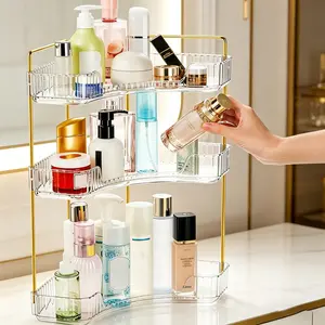 3 Tiers Corner Bathroom Counter Organizer, Clear Vanity Storage Shelf with Gold Metal Pole, Aesthetic Makeup Cosmetic Perfume Skincare Holder for Sink Kitchen Vanity Organization tiktokshopspringglowup