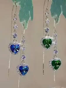 2 pairs of sparkling luxury heart-shaped blue-green artificial crystal hanging hook tassel Rhinestone Earrings with long ear line design - fashionable and elegant style, suitable for women to wear on any occasion, ideal Valentine's Day gift