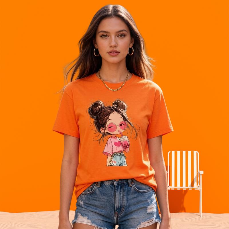 Women's Oversized Short-Sleeve Graphic T-Shirts - Quirky Cotton Tees, Crew Neck, Fitted Cut, Heat Transfer Y2K Pink Heart Boba Tea Girl Prints, Orange, Plus Size, Casual Cartoon Style, Valentine's Day Kawaii Outfit, TikTok Viral Sohochic