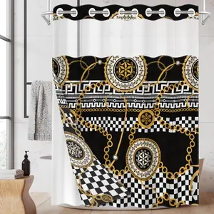 1pc hookless shower curtain with buckle lining, black, gold and white checkered chain circular pattern design, 2D flat printing, fabric waterproof lining, see-through double-layer shower curtain, 71 x 74 inches, modern home draping curtain.