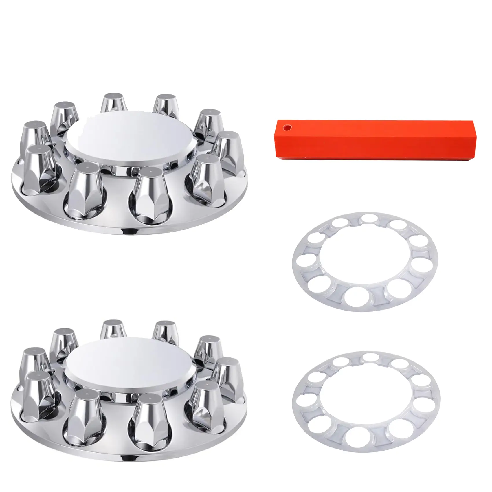 Set of 2 Chrome Front Axle Wheel Cover with Hub Cap 33mm Thread on Lug Nuts for Semi Trucks