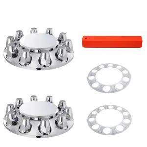 Set of 2 Chrome Front Axle Wheel Cover with Hub Cap 33mm Thread on Lug Nuts for Semi Trucks