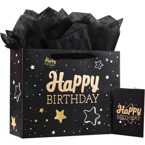 Starry Sky Black Birthday Gift Bag Set, Unisex All-in-One Gift Kit Includes Ribbon, Crinkle Tissue Paper and Greeting Card, Complete Gift Wrapping Supplies for Birthday Celebration, Holiday and Daily Present Gifting