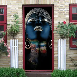 2pcs African Style Art Decor Wall Sticker Ethnic Female Portrait Door Decal Removable Self Adhesive Living Room Entrance Decorative Sticker Home Cultural Theme Wall Mural Bedroom Background Wall Decor