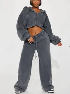 On The Go Fleece Pant Set - Charcoal Womenswear Cotton Hoodie with Zip Up Hood, Long Sleeve, Drawstring, Cropped, Wide Leg, Elastic Waistband, 31" Inseam