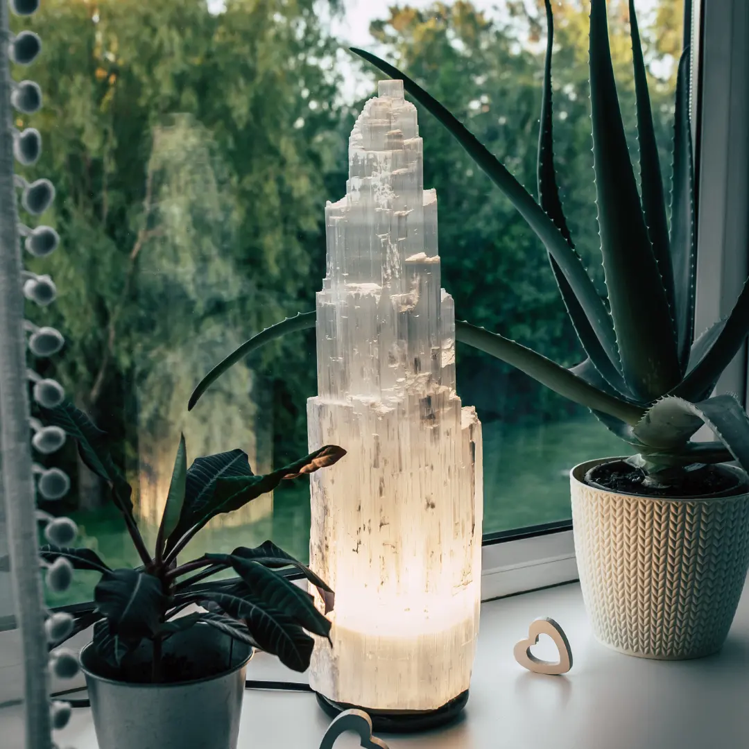 Selenite Tower Lamp 12"