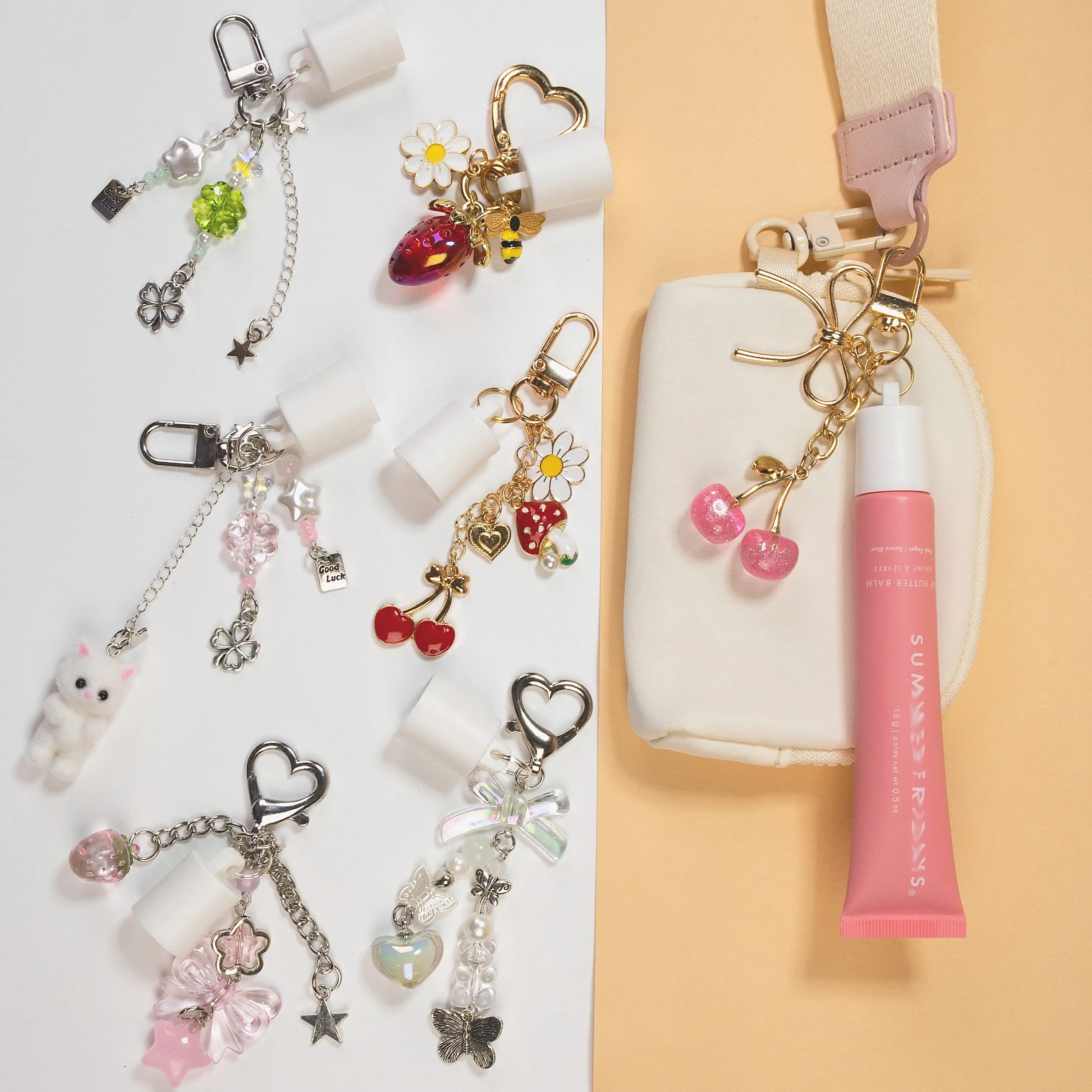 Cherry Daisy Charms Lip Gloss Holder Keychain for Summer Fridays