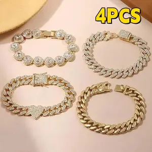 4pcs Luxurious Women Multi-Layered Bracelets Set Exquisite Shiny Full Cubic Synthetic Zirconia Heart/Round Geometry Cluster Tennis Bracelet Fashion Cuban Stackable Couple