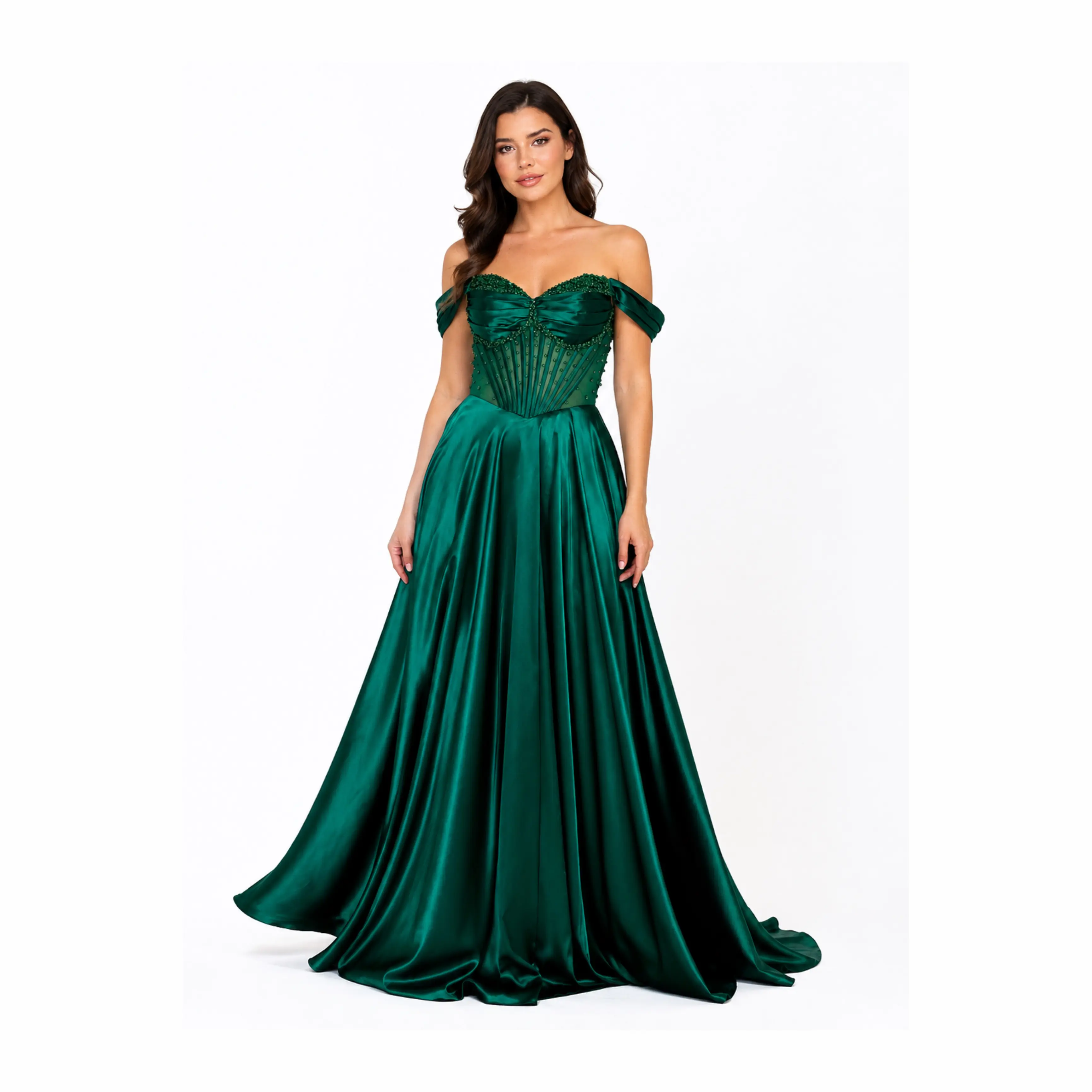 EVA 5315 Elegant Emerald Green Off-the-Shoulder Evening Gown with Corseted Bust and Flowing Skirt for Formal Events Elegance Style Womenswear Women