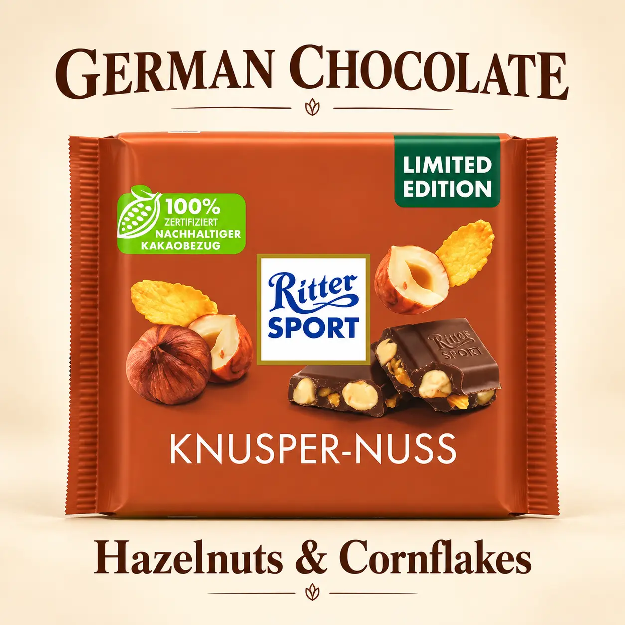 Ritter Sport Milk Chocolate Block Bar - Hazelnuts & Corn Flakes (Germany Imported)