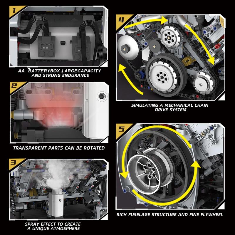 【3160 PCS】Ferrari-Style Motorized V8 Engine Model Building Kit, with APP Control & LED Lights