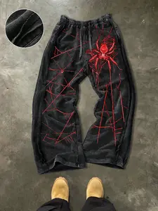 Men’s casual cotton sports pants, spider print, drawstring waist, ankle length, street style, all seasons, perfect for gifts