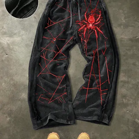 Men’s casual cotton sports pants, Knitted Sports Pants, Comfy Athleisure Pants, Sports Bottoms, Athleisure Bottoms, Athletic Bottoms, Athleisure Fitness Bottoms, spider print, drawstring waist, ankle length, street style, all seasons, perfect for gifts