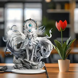 1pc Majestic White Fox Chief Acrylic Sun Catcher with Base (7.8x7.8 inches) - Vibrant Color, Realistic Design Multi-Functional Home & Office Decor Ideal Festive Gift for Loved Ones Artistic Style Decorative Plaque Figurine Ornamen