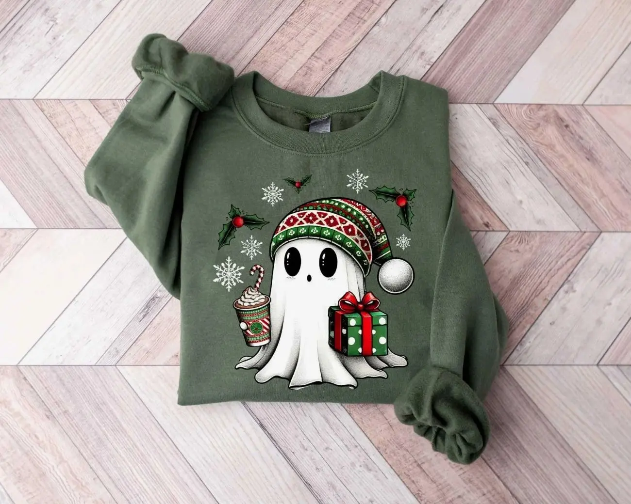 Ghost Santa Christmas Sweatshirt, Cute Spooky Season Holiday Crewneck, Funny Xmas Ghost Graphic Sweater, Spooky Christmas Gift for Women & Men, Spooky Holiday Party Outfit, Retro Christmas Ghost Sweatshirt, Cute Fall Winter Holiday Apparel